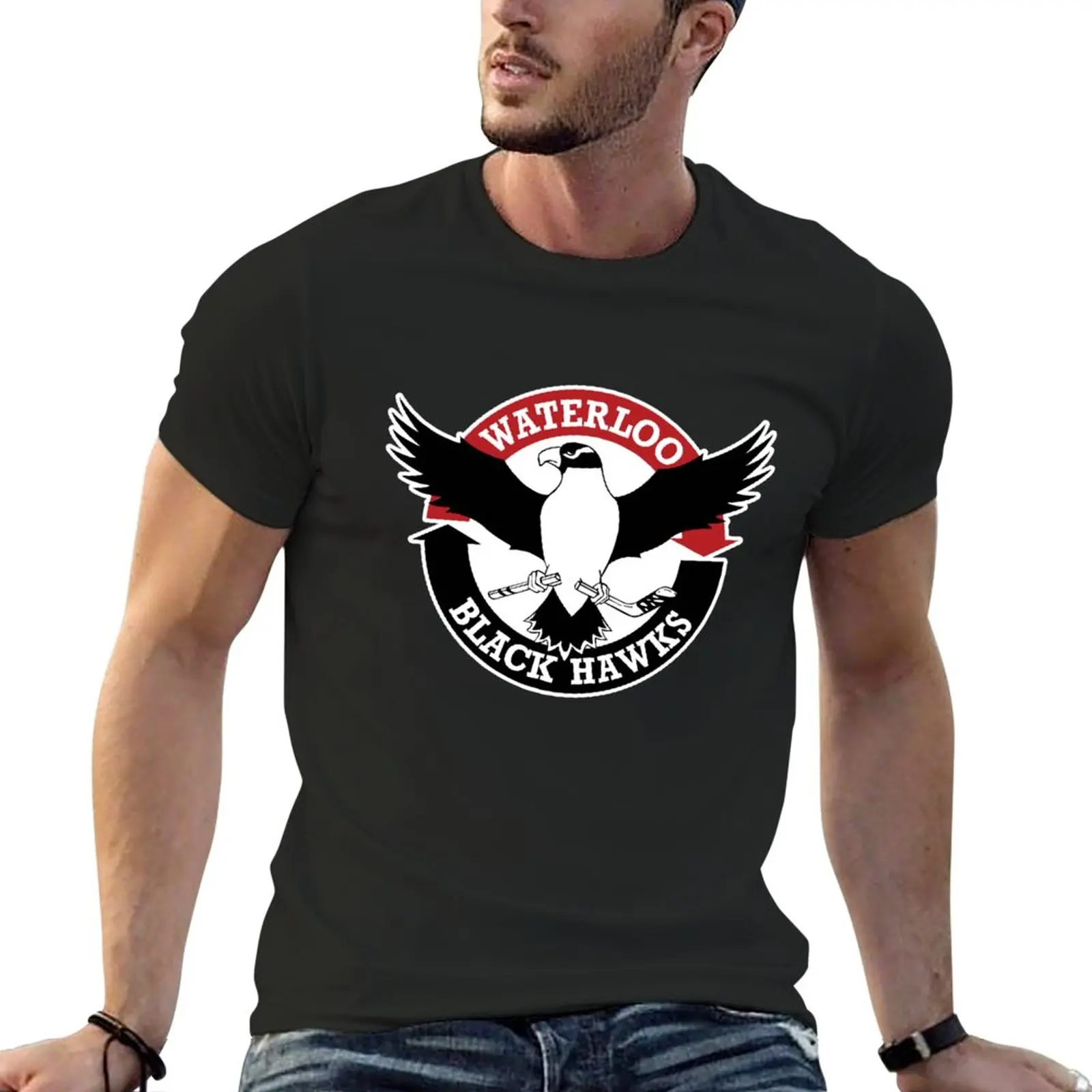 

Waterloo Black Hawks T-Shirt Short sleeve tee oversizeds heavyweights customizeds oversized t shirt men