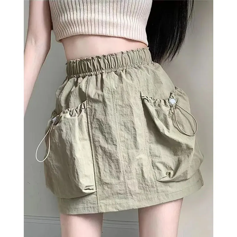 

High Waist Cargo Skirt Women Y2K Vintage Streetwear Pockets Drawstring Mini Skirts Korean Summer Casual Skirts Woman