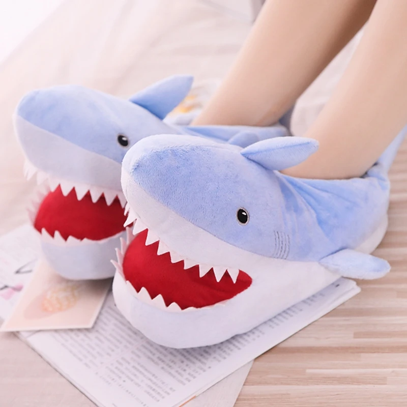 Women Cartoon Shark Plush Slippers Soft Warm Shoes Winter Indoor Slipper Gift 
