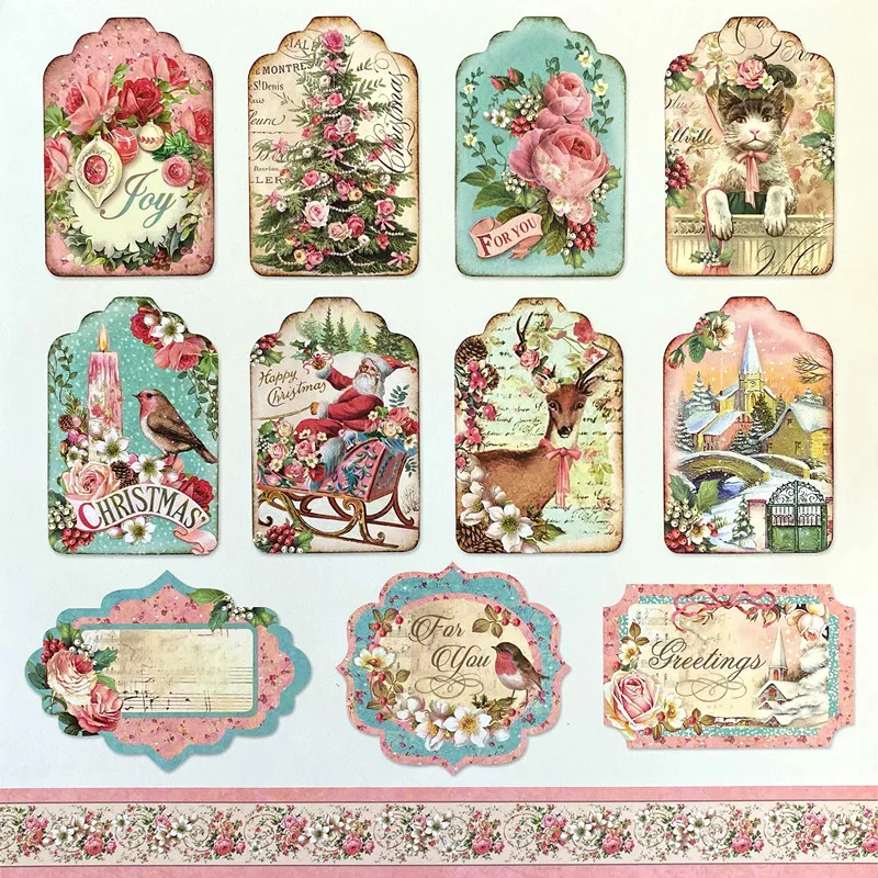 Retro Pink Rose Christmas Stickers for DIY Scrapbooking Diary Photo Album Junk Journal Happy Planner Decorative Tag Gift Sticker