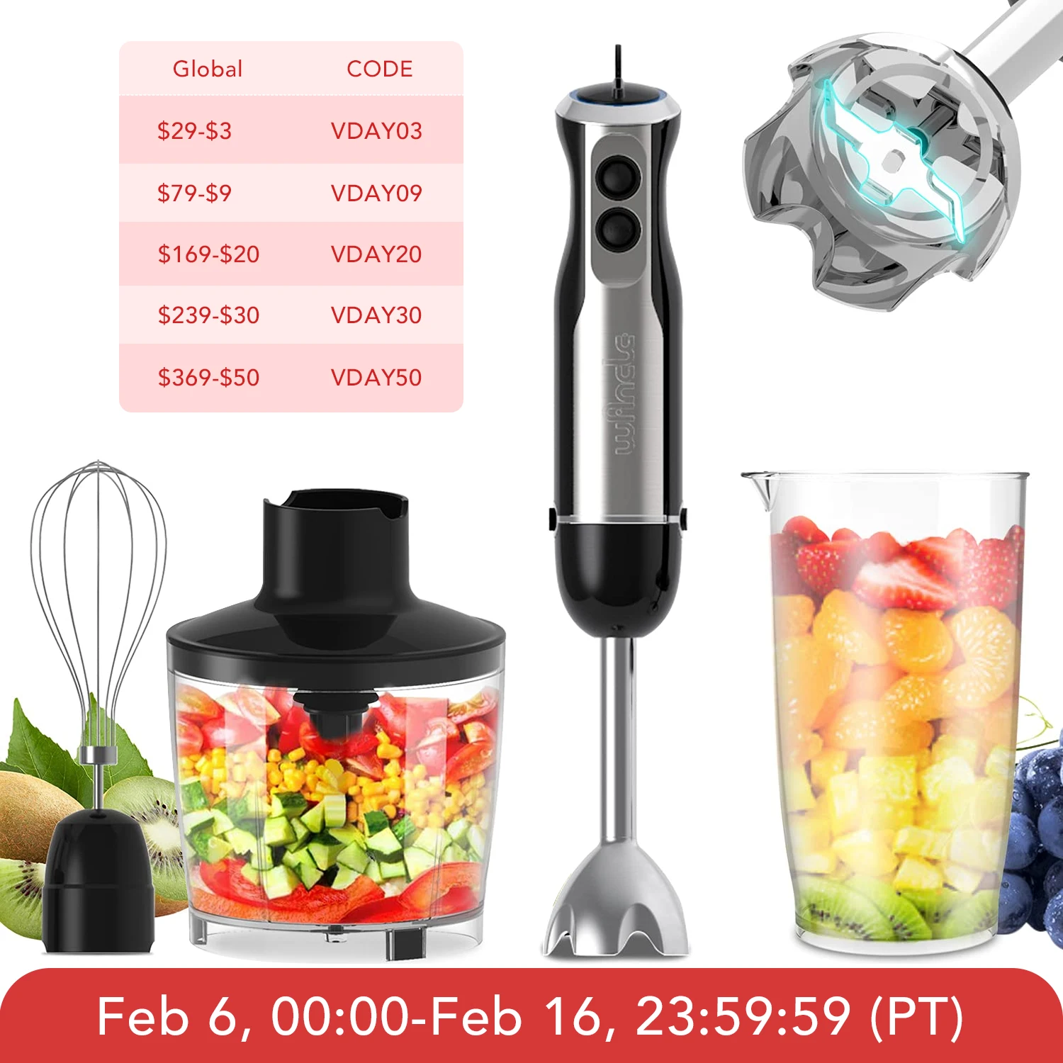 Wancle1000WImmersionHandBlender4in1PowerfulStickBlenderMixer