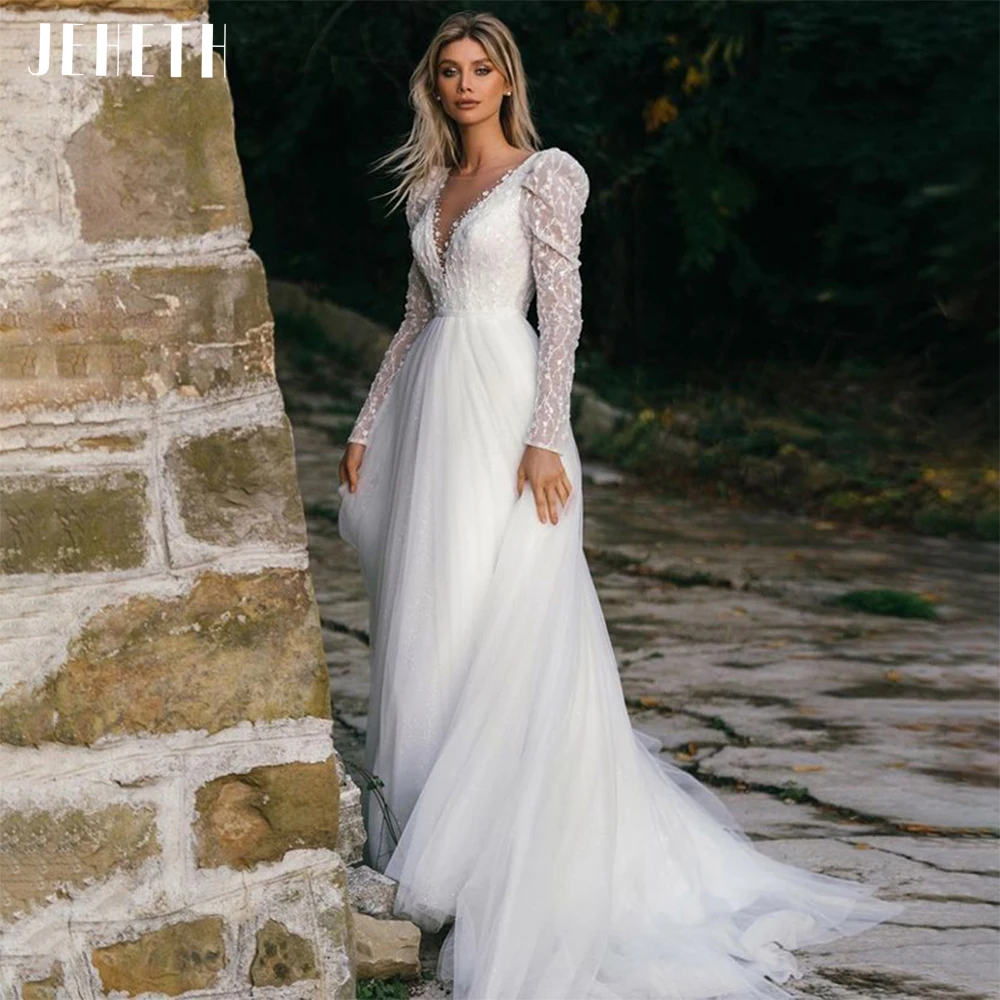 JEHETH Sexy Long Sleeve Wedding Dress Beach Women Illusion Back Lace Appliques V-Neck A-Line Bridal Gown Tulle Vestidos De Novia