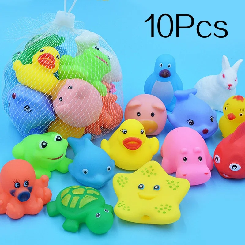 

10Pcs/Set Cute Animals Swimming Water Toys For Children Soft Rubber Float Squeeze Sound Squeaky Bathing Toy For Baby Bath Toys