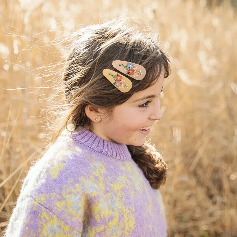 Korea Retro Hair Clips Floral Fabric Oval BB Barrettes Embroidery Flower Hairpin 2Pcs/lot Kids Hair Accessories