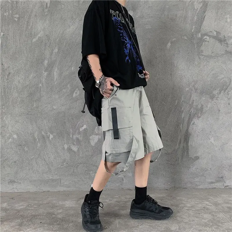 Unisex Cargo Safari Style Shorts Men Ribbon CP Summer Streetwear Knee Length Loose Capris Male Jazz Dance Y2K Ins Vibe Shorts