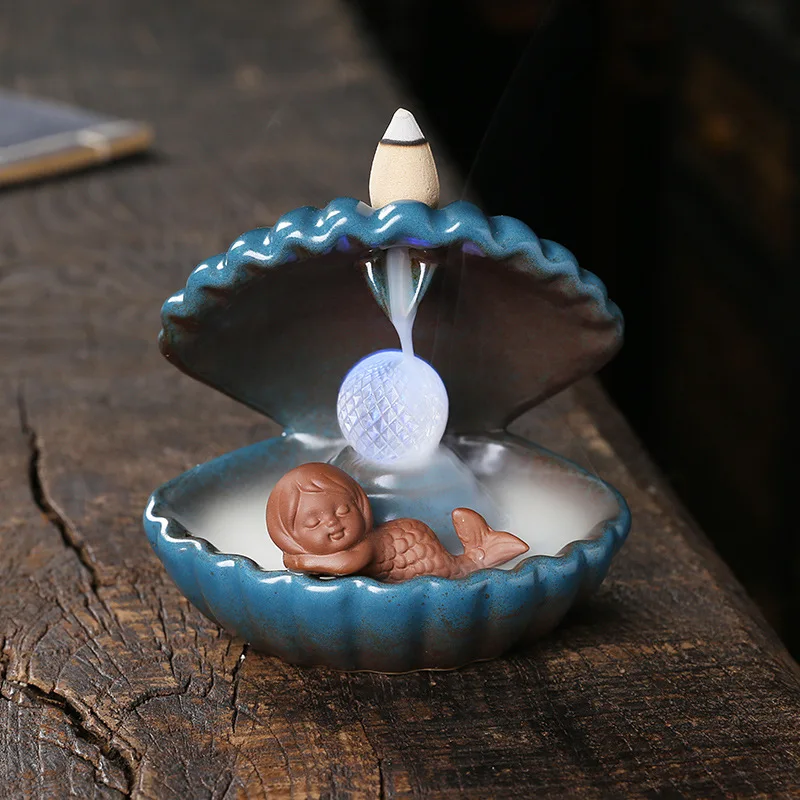 1pc Blue Shell Pearl Incense Burner Home Decor for Living Room Pearl in Shell with LED Light Desktop Mermaid Incense Burner