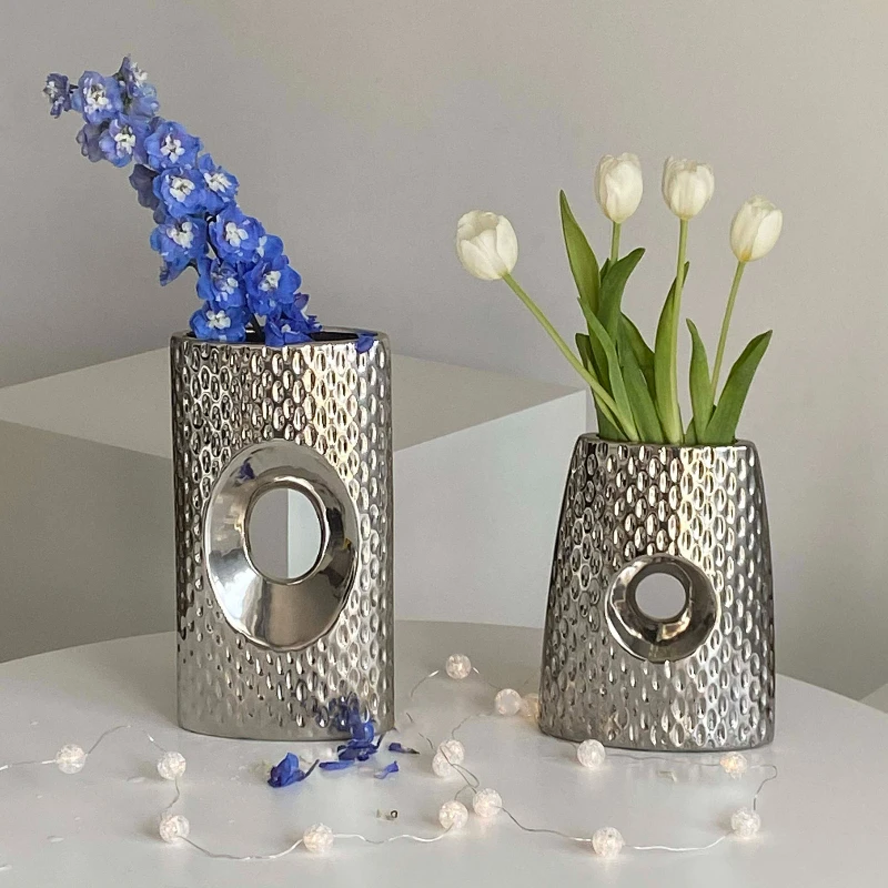 Silver Art Vase 27cm Decorative Display Ornament Home Decor Tabletop Flower Vase 