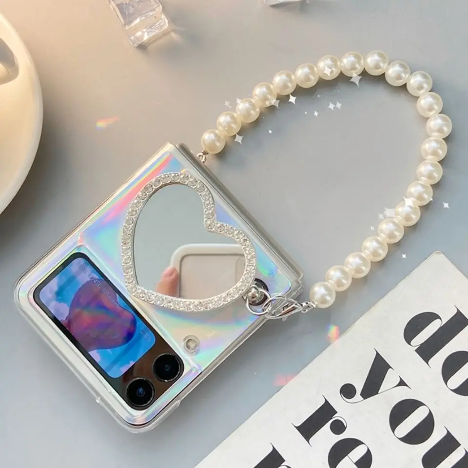 

For Samsung Galaxy Z Flip 4G 4 3 Flip3 Flip4 5G Fashion Love Heart Mirror Stand Bracket Laser Card Pearl Hand Chain Case Cover