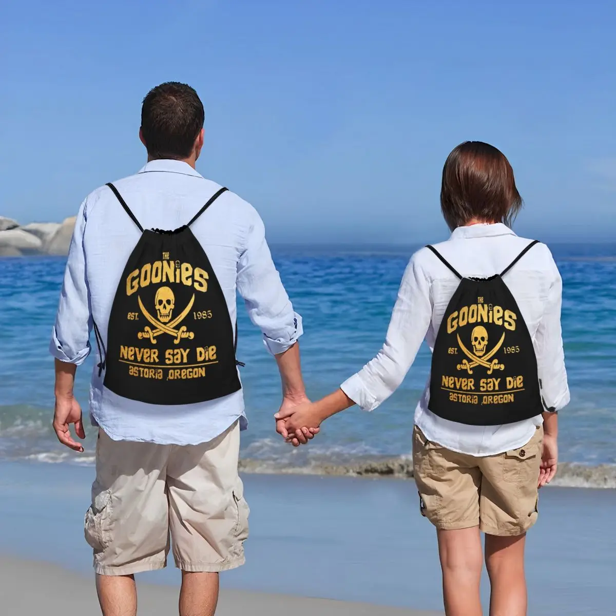 Custom The Goonies Never Say Die Drawstring Bags Women Men Foldable Sports Gym Sackpack Gothic Pirate Skull Training Backpacks 6