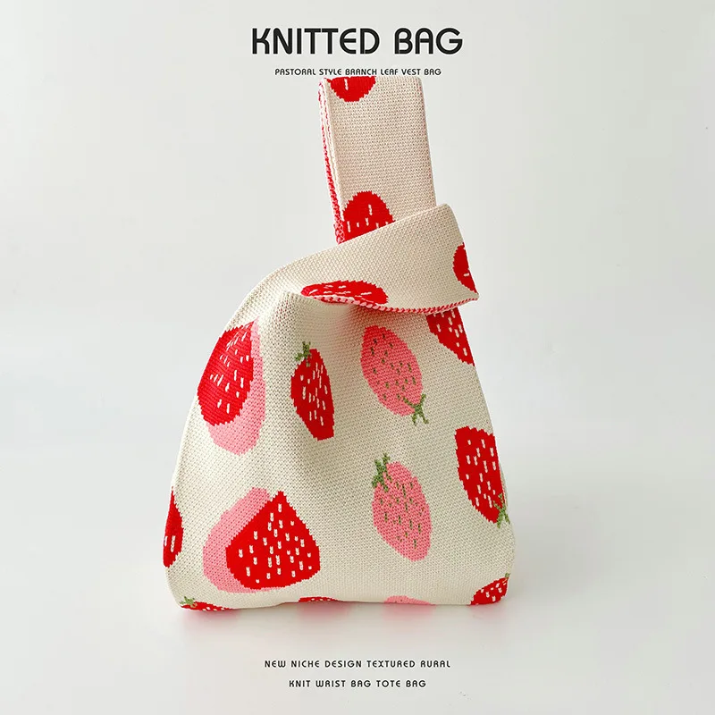 Handmade Knit Handbag Strawberry Pattern Women Knitted Bag