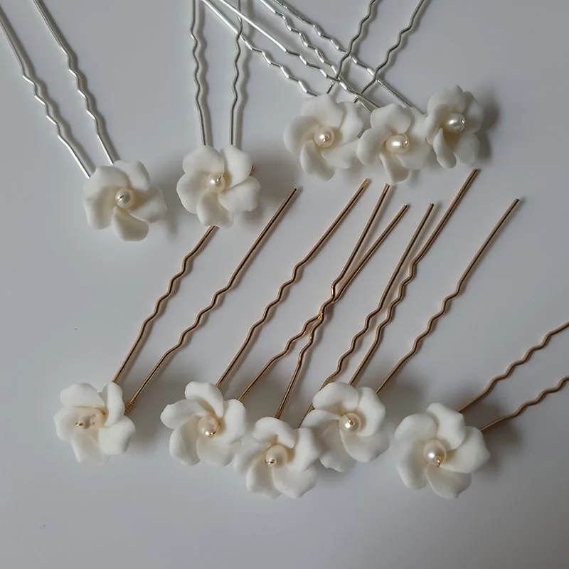 SLBRIDAL Handmade INS Style Pearls Ceram Flower Bridal Hair Pin Set Wedding Hair Sticker Hair Accessories Women Hair Jewelry