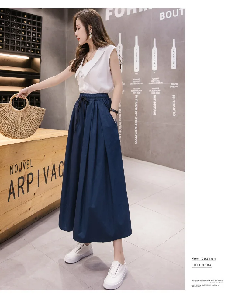 Women's Pants New 2022 Spring Summer New Loose Women Wide Leg Pants Elastic Waist Bandage Skirt Pants Female Pant RV554 white capri pants