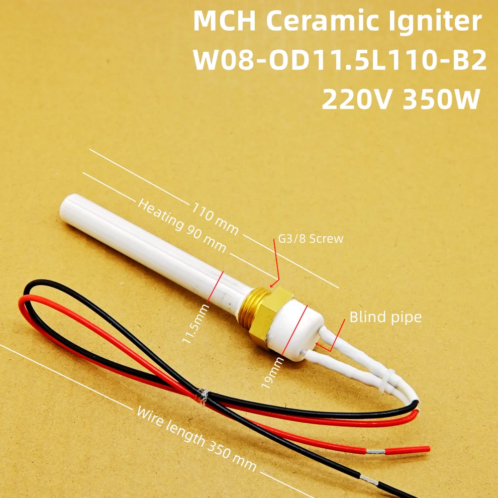 220V350W Ceramic Igniter for Pellet Stove Heating Tube Spark Plug for Wood Pellet Stove 11.5x6.5x110mm ignition electrode