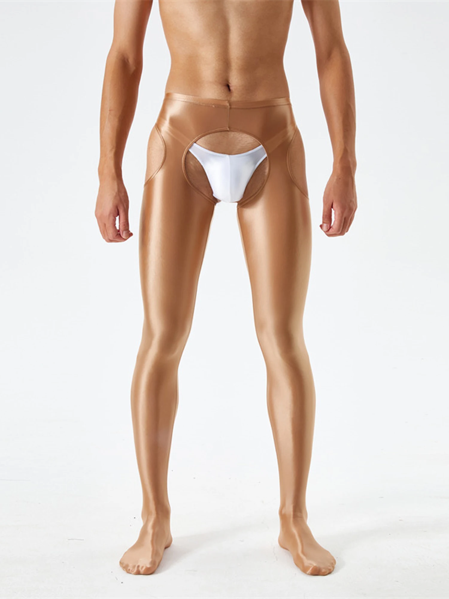Mens Lingerie Open Butt Skinny Pants Sexy Crotchless Pantyhose Glossy Mid Waist Tights Elastic Waistband Hot Cutout Leggings men leggings