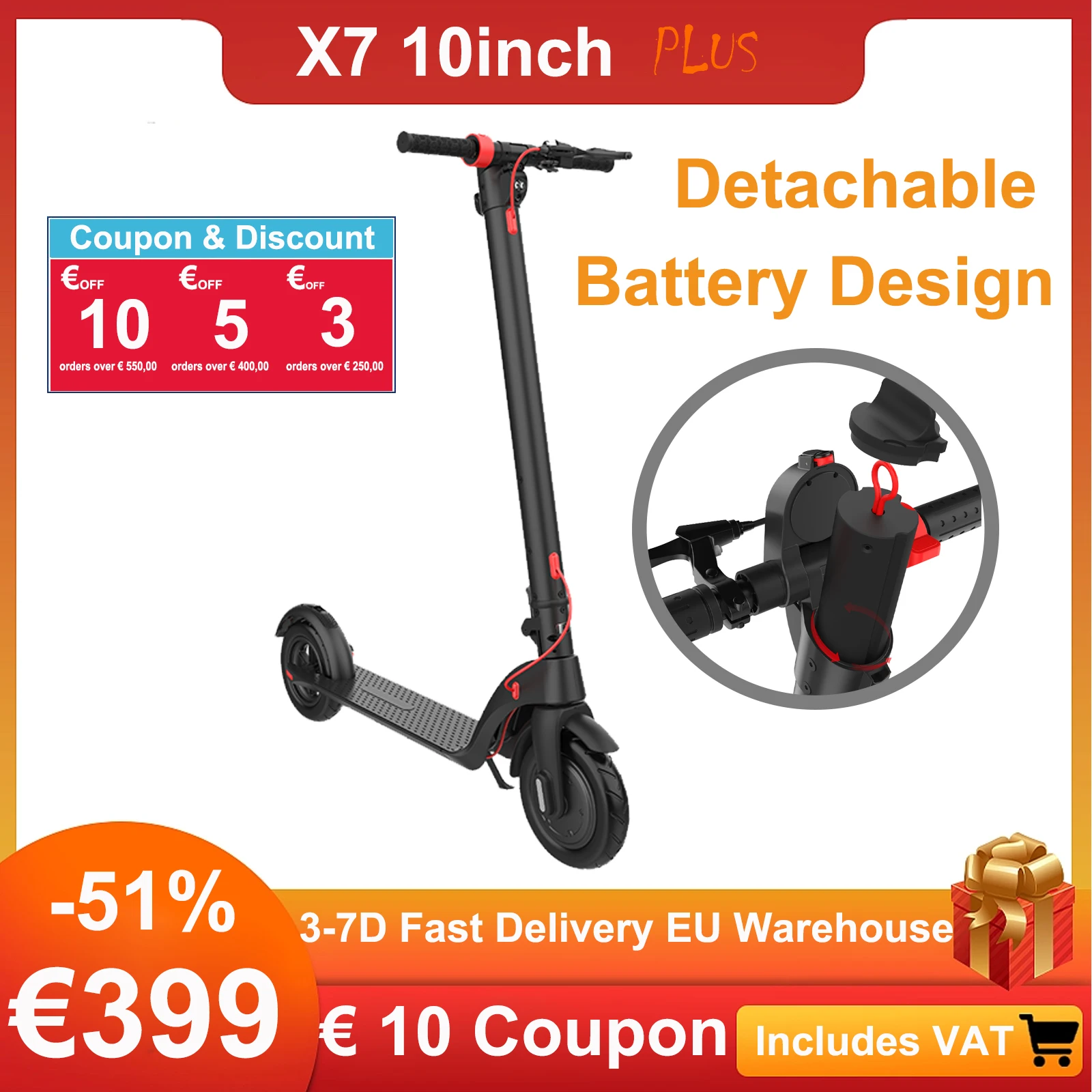 X7 Adulti Scooter Elettrico 10 Pollici Fuoristrada Pneumatico 350W Batteria Staccabile Scooter Elettrico Intelligente 25 Km/H 6.4Ah Fodling Scooter