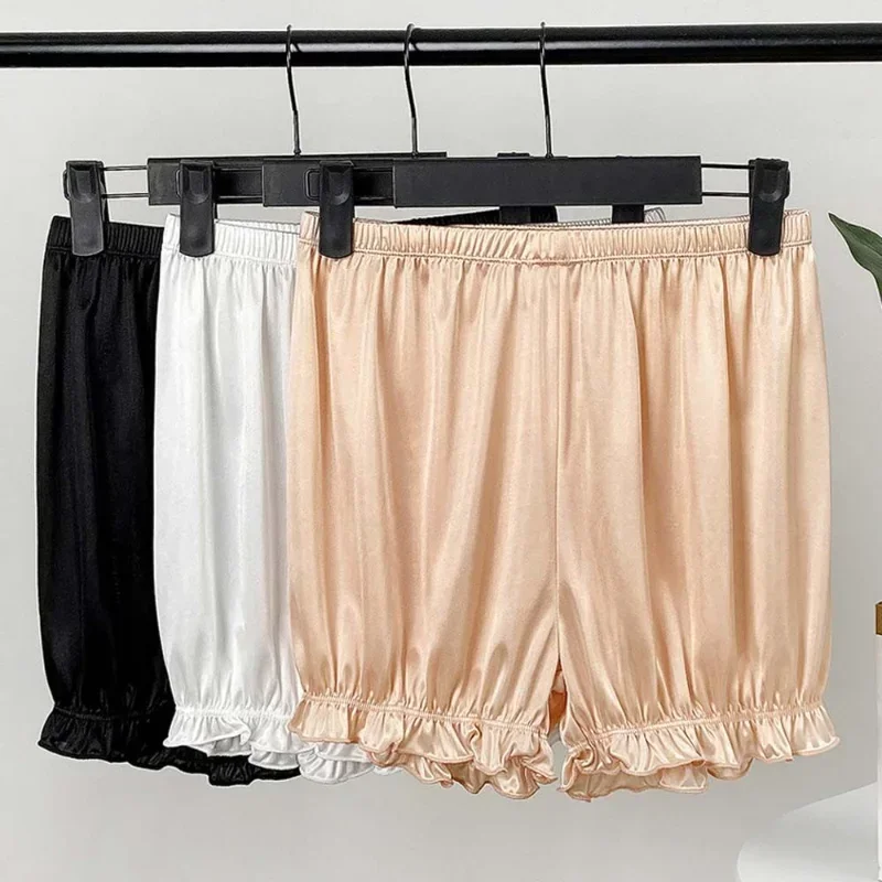 Safety Shorts Women Leggings Safety Pants Satin Safety Short Ice Silk Pants Women Ruffled Pumpkin Pants Lady Thin Leggings Leisure Loose Home Sleeping Bottoms Shorts