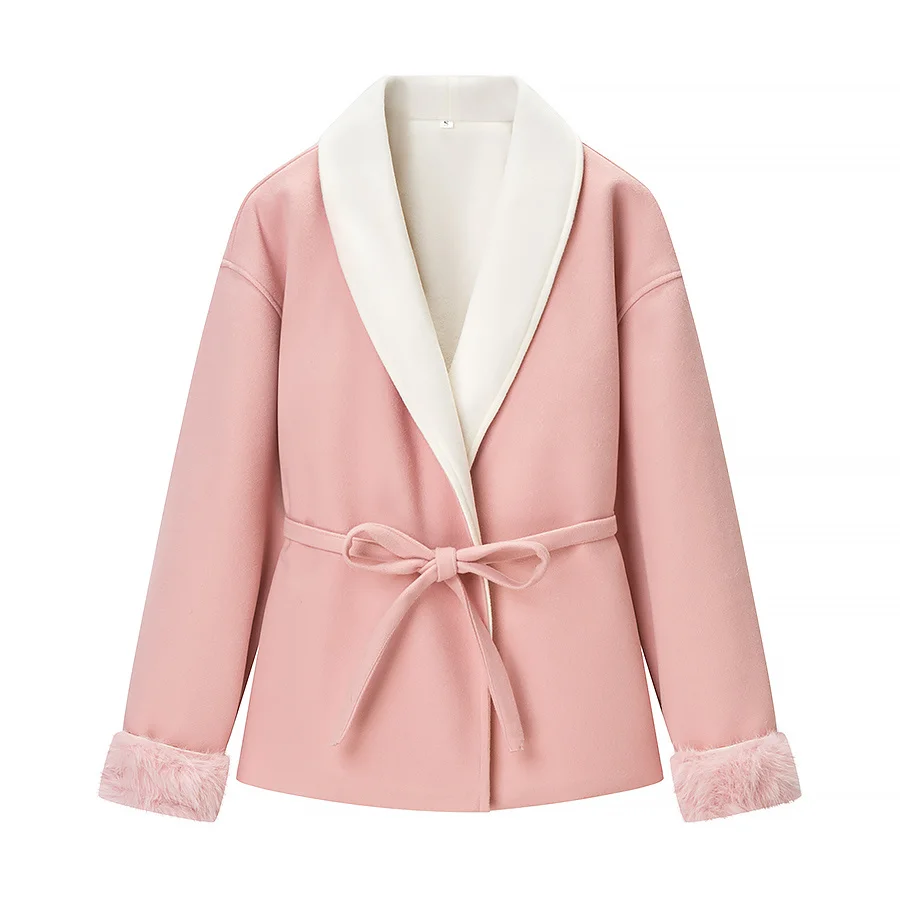 HH Damen Frühlingsmode Vielseitiger Mantel mit Revers, Schnürung und Langen Ärmeln im Süßen Stil, Locker Geschnitten, Bequem und Warm – Detail 5