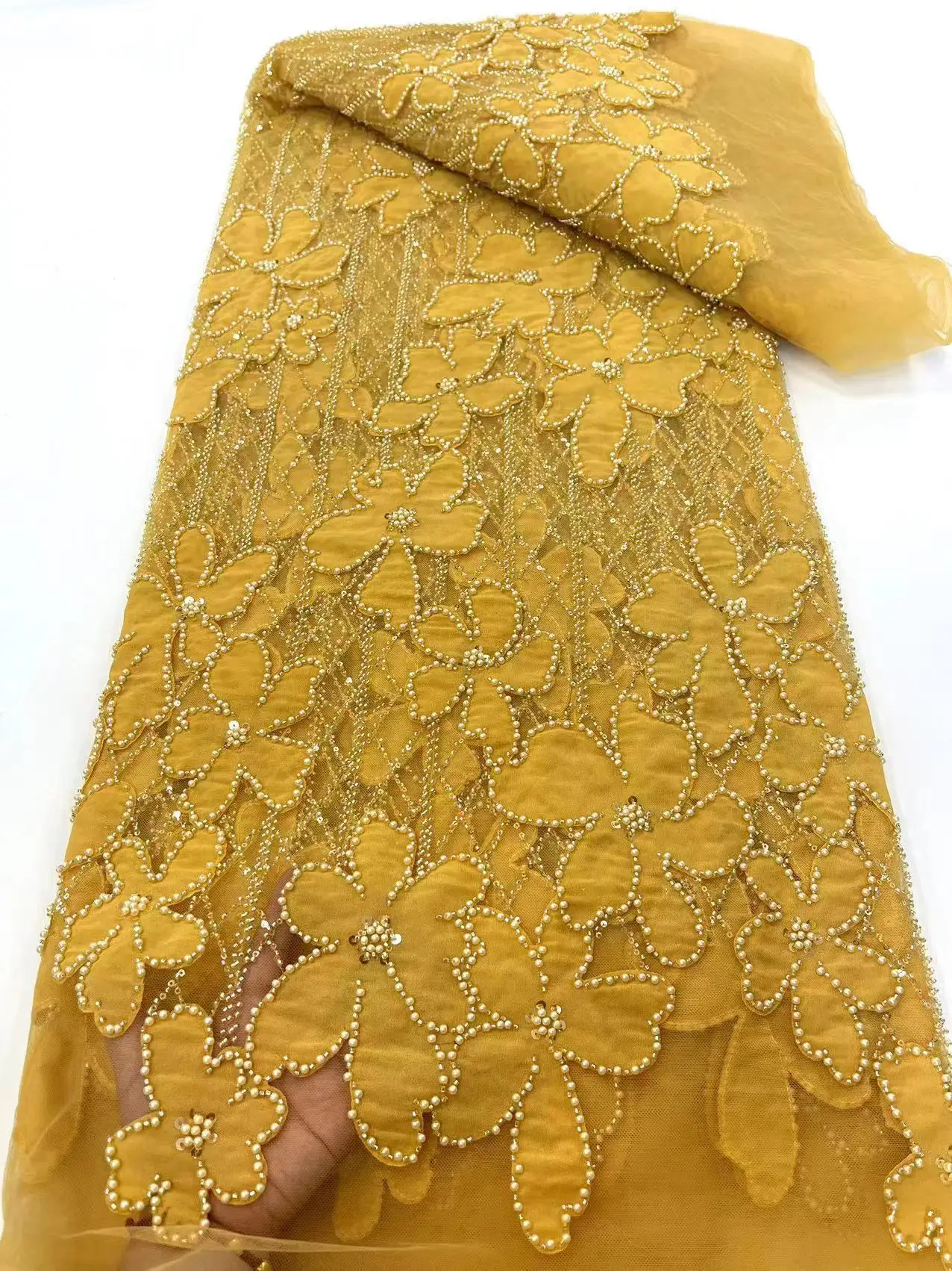 

African Heavy Bead Lace Fabric 2024 High Quality Nigerian Sequins French Tulle Fabric Material For Wedding Party ﻿