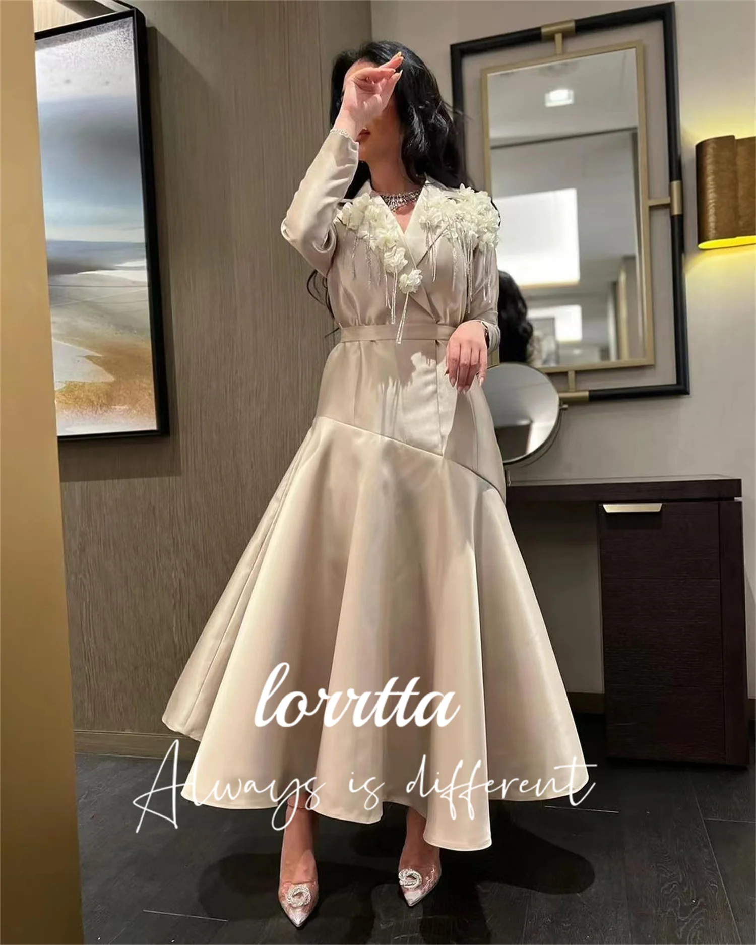 

Lorrtta Saudi Arabian Ladies Lapel V Neck Handmade Floral Ball Gown Long Sleeve Birthday Party فساتين السهرة Vestidos De Fiesta