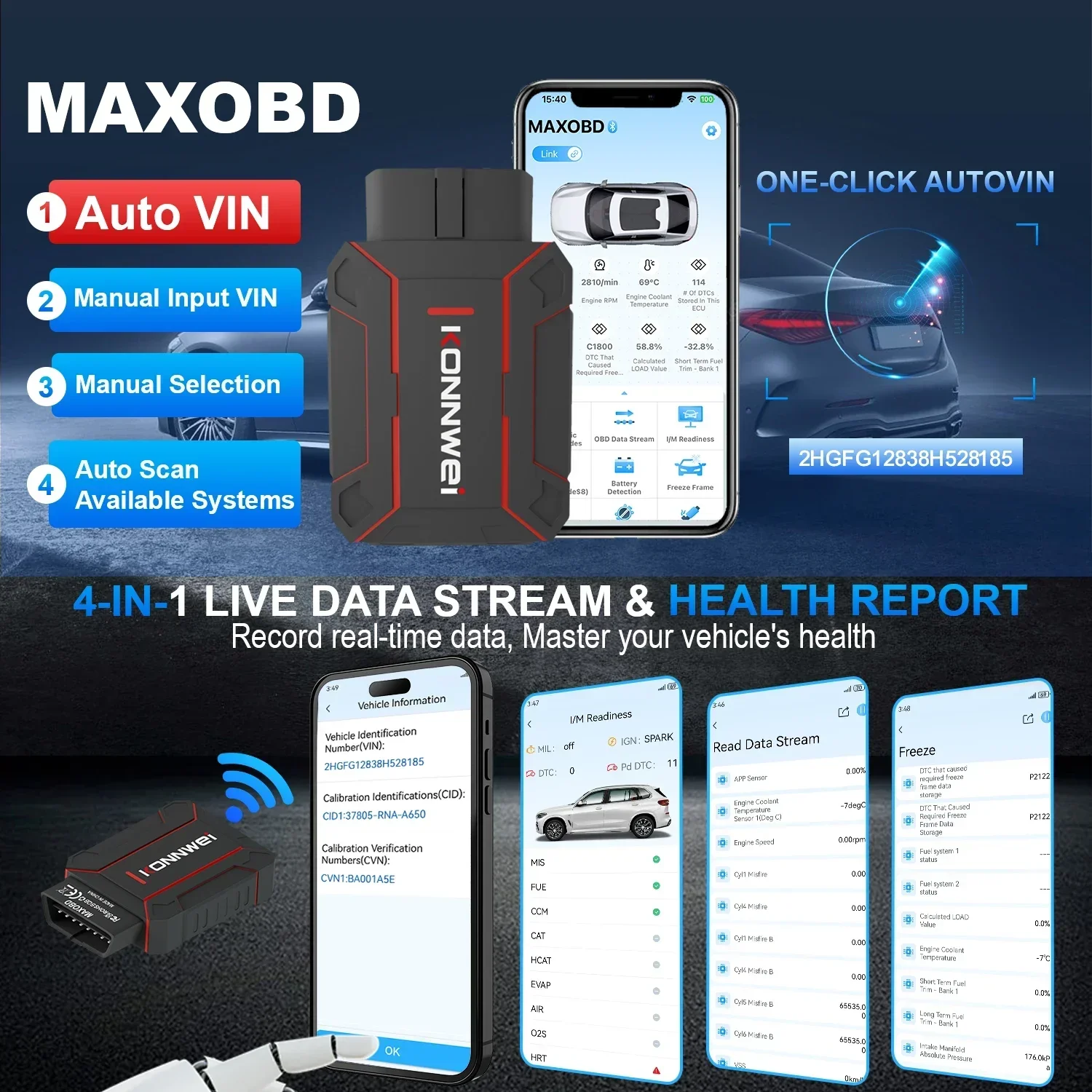 Sconosciuto Viecar 4.0 OBD2 Scanner Bluetooth 4.0 per iPhone 5, 6, iPad, Coppia di iOS, Android, con Funzione Auto Display HUD