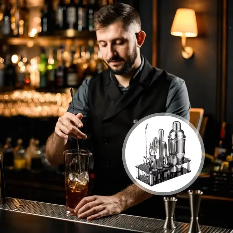 Professional Bar Tool Set Stainless Steel Cocktail Shaker Set Acrylic Stand Bartender Essential Tool for Bar Party Home Use