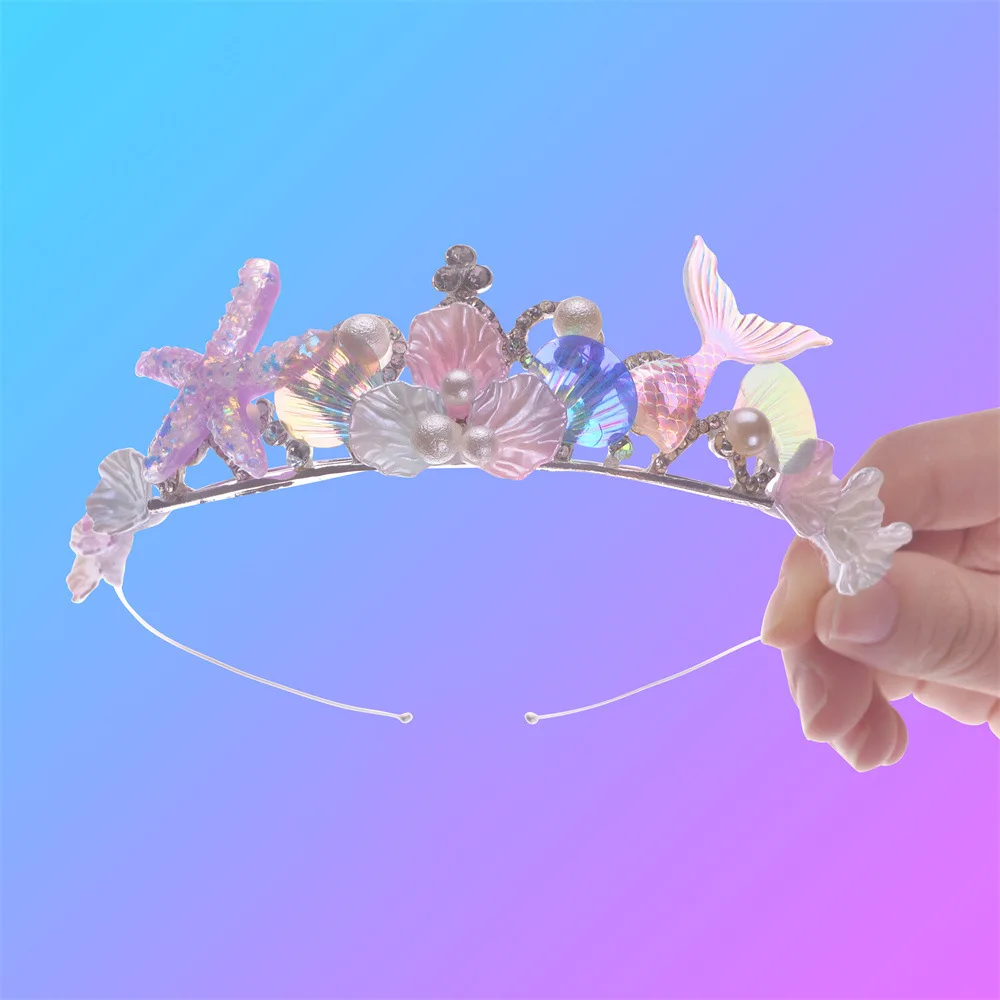 Little Mermaid Party Girl Alloy Crown Mermaid Tail Hairband Necklace Girls Princess Birthday Party Headwear Accessories Gift 2