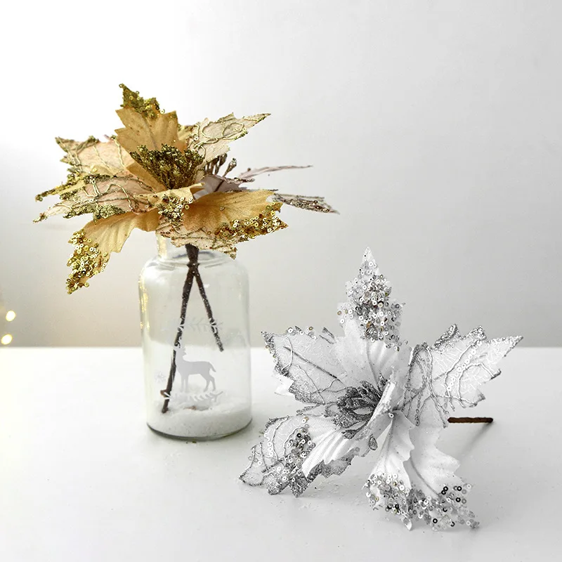 

Gold Sequin Christmas Flower Adhesive Powder Flannel Cloth Simulation Christmas Tree Decoration Flower Cuttings
