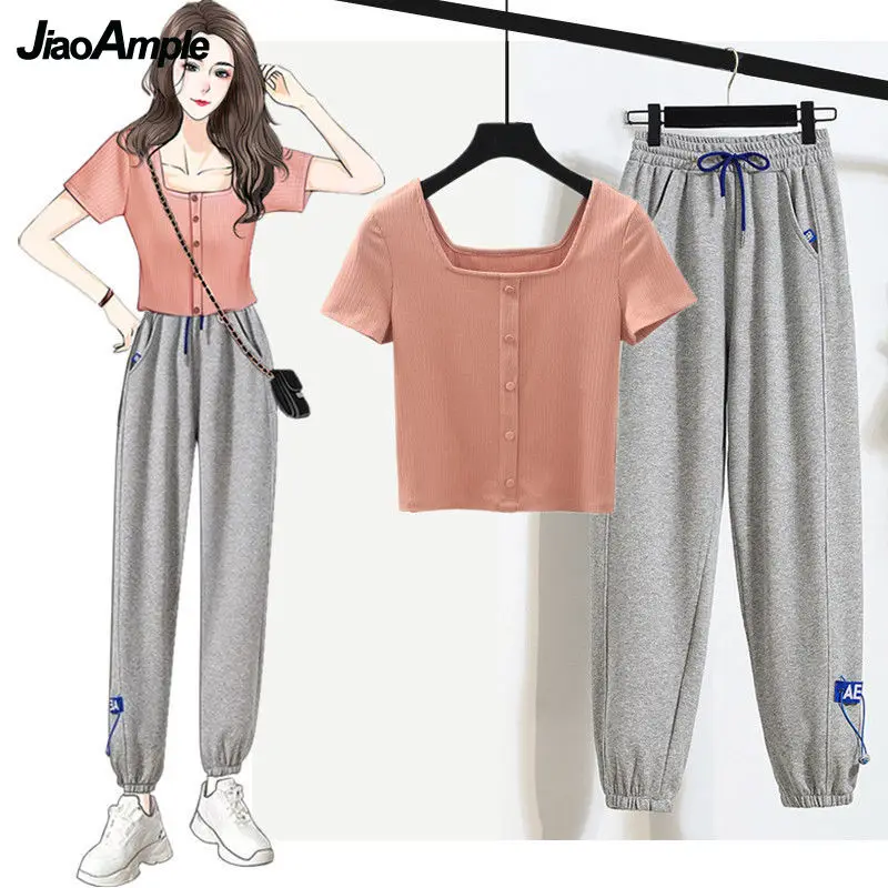Women's Casual Short Sleeve Top Pants Set 2024 Summer Korean Fashion New Square Neck T-Shirt + Sports Trousers Two Piece Suit fashion women s pu leather belt decorative solid color korean style square round buckle perfect for dress jeans and trousers new