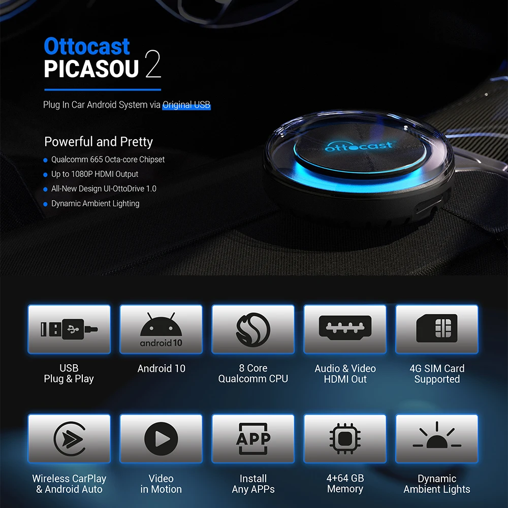 Ottocast Picasou 2 CarPlay TV Box Wireless CarPlay Android Auto AI Smart  System for Netflix  Snapdragon HDMI Radio Dongle - AliExpress