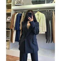 Double Breasted Navy Blue Stripe Suits for Women Tailor Business Office 2 Piece Jacket Pants Sets Blazer Luxury Female Clothing 1