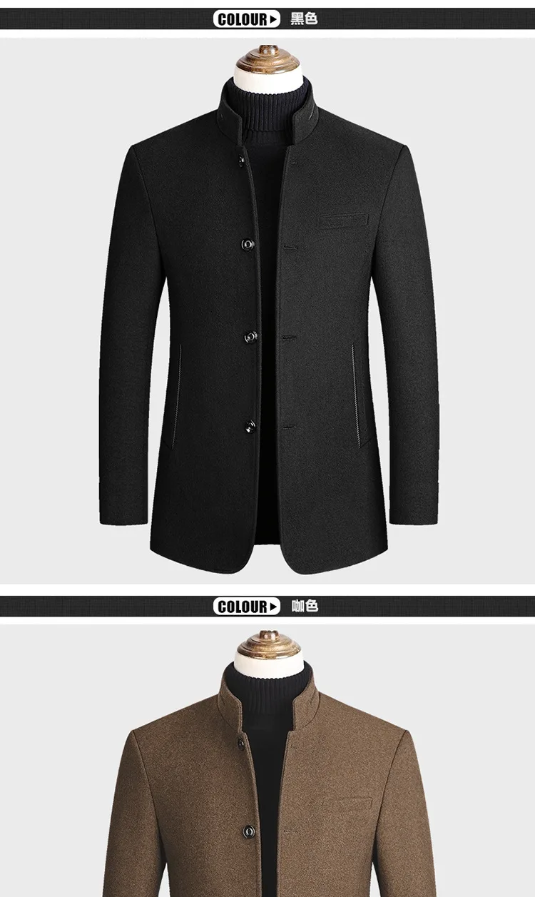 Description Picture 4 of itemMens Woolen Coat 2023 Autumn/Winter New Cotton Thickened Single Breasted Standing Collar Wool Blend Male Jacket