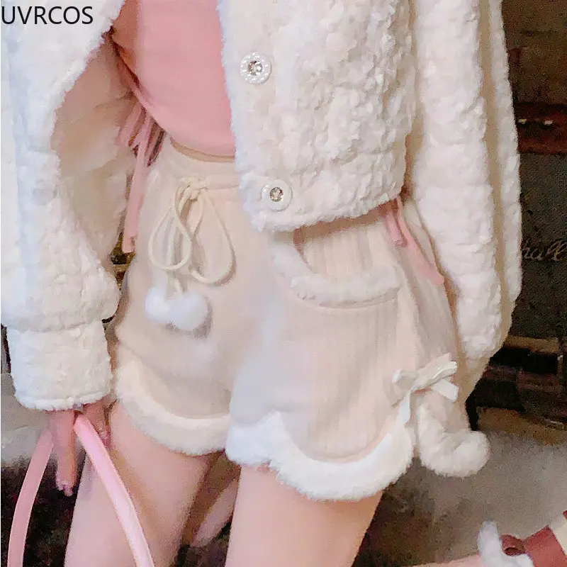 Pink Japanese Kawaii Two Piece Set Women Summer Sweet Lolita Shorts Suit  Female Print Bare Shoulder Blouse + Wide-leg Shorts New, Beyondshoping