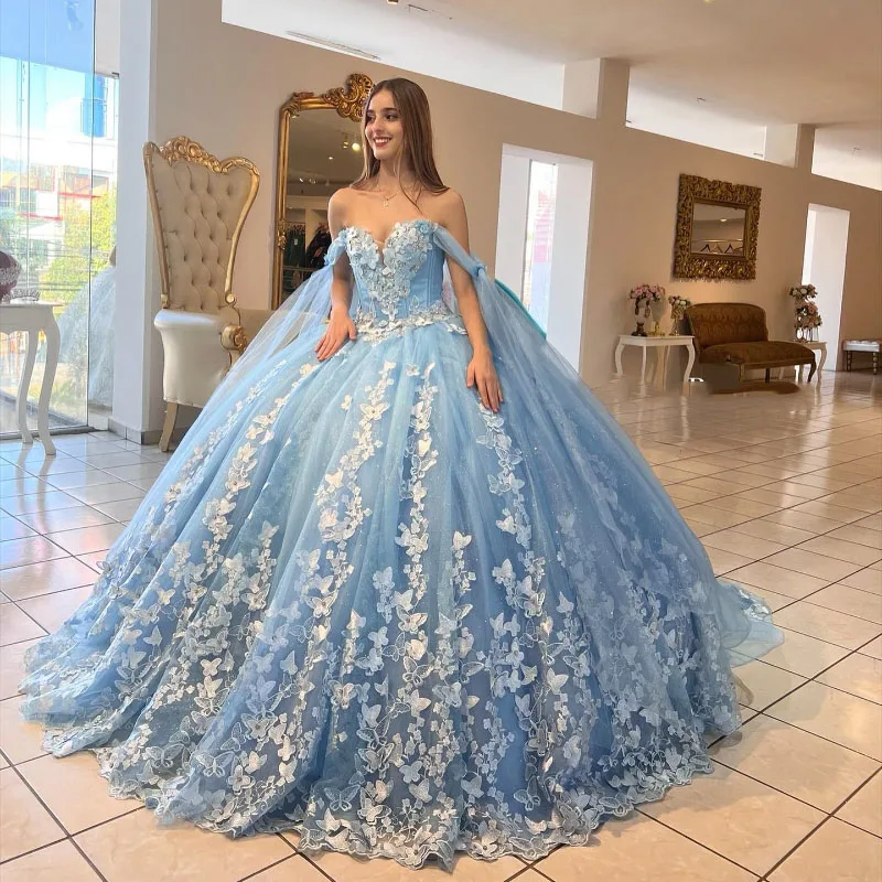 Sky Blue Princess Sexy Sweetheart Prom Dress 2024 Quinceanera Beaded Bow Tull With Cape Corset Sweet 15 16 Girls Dress vestidos