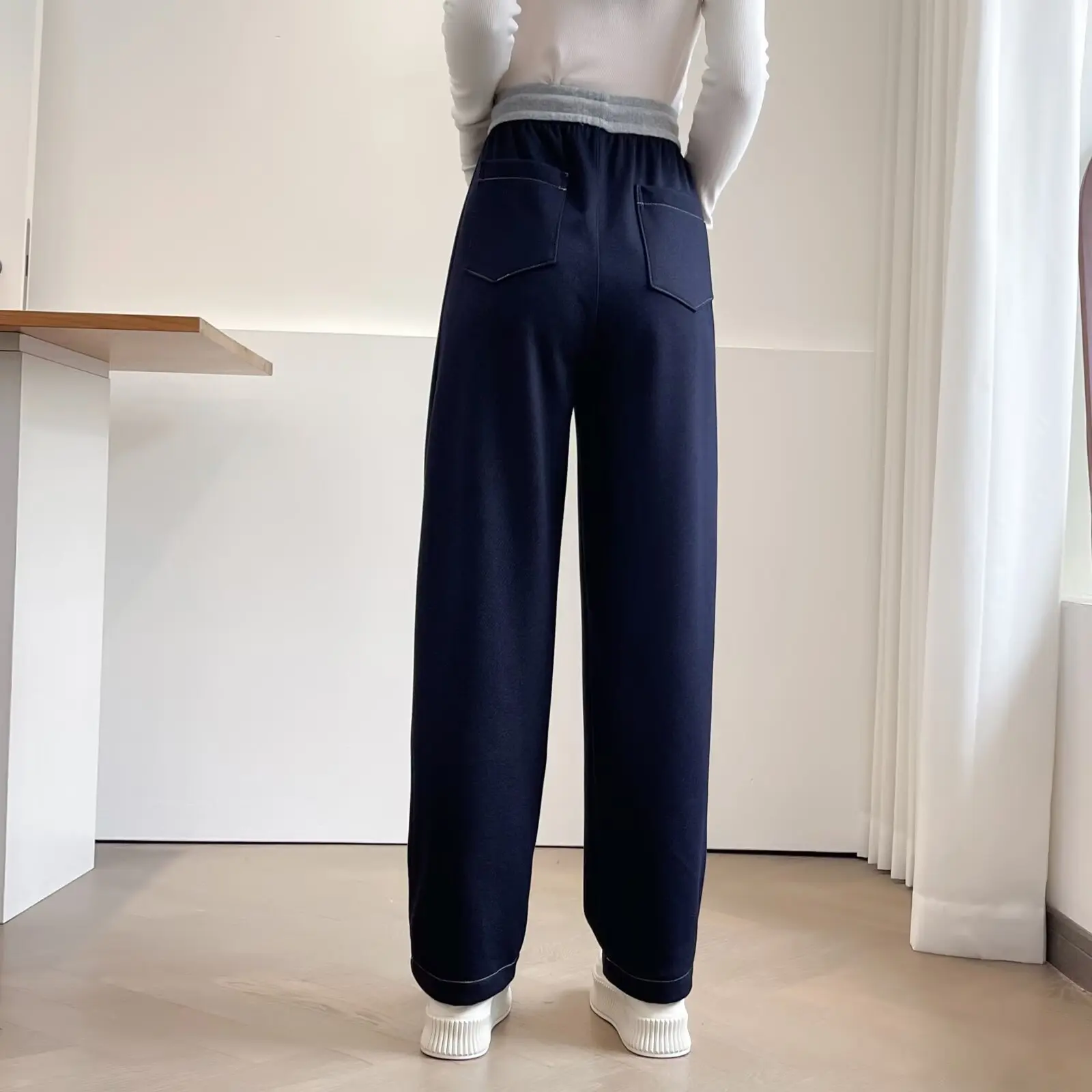 XXXXL Fashion Plus Size Women's Straight Pants Winter New Fleece Contrasting Color Wide Leg Thermal Long Trousers 8237