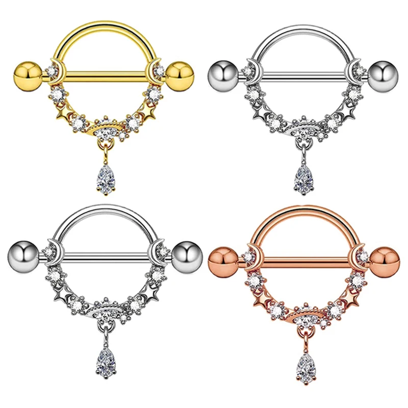 

Оптовая продажа, кольцо для сосков 14 г, штанга для сосков для женщин, кольцо для сосков из нержавеющей стали с подвеской в виде Луны и звезды, набор милых женских колец