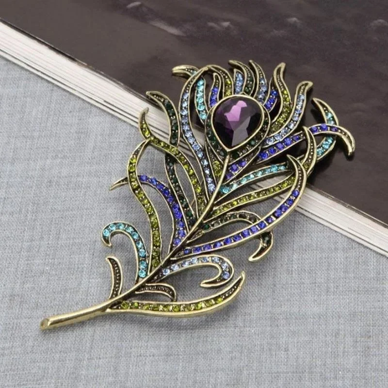 Retro Peacock Feather Brooch Pin Elegant Lapel Scarf Coat Rhinestone Dress Decor Jewelry Accessory Women Birthday Brooches Gift