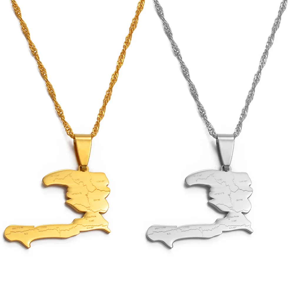 Anniyo Haiti Country Map With State Name Pendant Necklaces Women lass,Ayiti Silver Color/Gold Color Jewelry Map of Haiti @019921