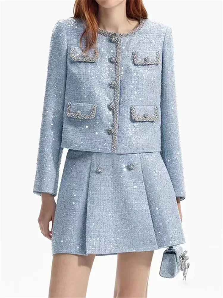

2024 Spring Fashion OL Suit For Women Diamond Sequin Decoration O-neck Single Breasted Coat or A-line High Waist Skirt