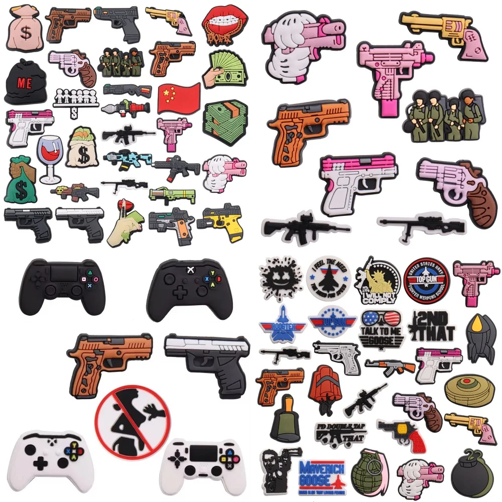 7-32PCS Cartoon Gun Armee Geld Bombe Spiel Controller Granate Rakete PVC Schuh Charms Sandalen Schuhe Dekoration zubehör
