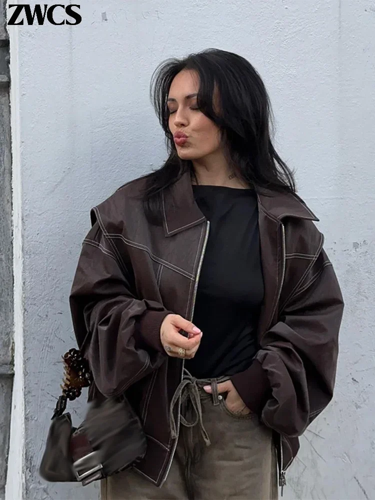 Wine Red Zipper Leather Jacket Women Casual Long Sleeve Lapel Cropped Coat 2024 Autumn New Lady Vintage Fashion Tops Outerwear 5