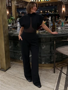 Chic Black Bodysuit Mesh Patchwork Sleeveless High Collar Female Corset Top Fashion Summer Transparent Lady Streetwear 2026
