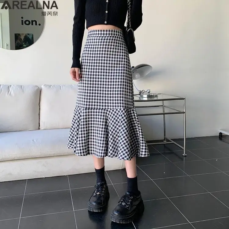 

Autumn Long Skirts for Women 2023 high waist Casual Retro houndstooth Skirt plaid mermaid Skirt Korean Fashion Clothing faldas