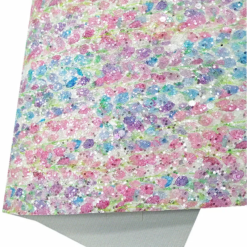 Blue Chunky Glitter Leather Leopard Flowers Printed Glitter Synthetic Leather Vinyl Leather Sheets For Bows DIY 21x2