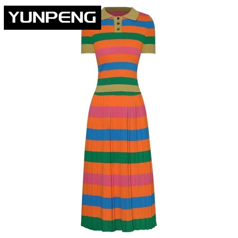 

2023 Runway Luxury Brand Summer Striped Knitted Suit Women Short Sleeve T-Shirt + Pleated Skirt High Street Two Pieces Set