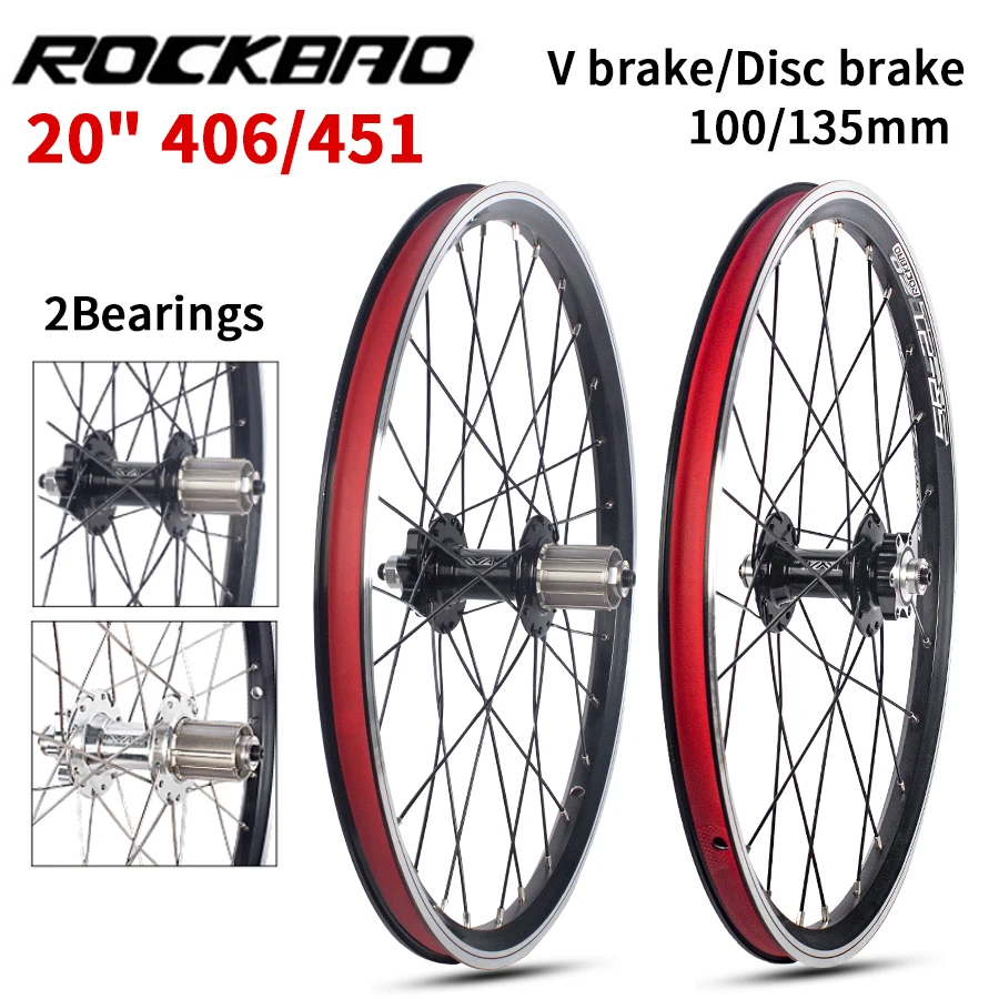 

ROCKBAO 20 Inch Folding Bike Wheels 406/451 Disc/V Brake Wheelset 2 Bearings 100/135mm Wheel Set BMX Bicycle Wheel Set