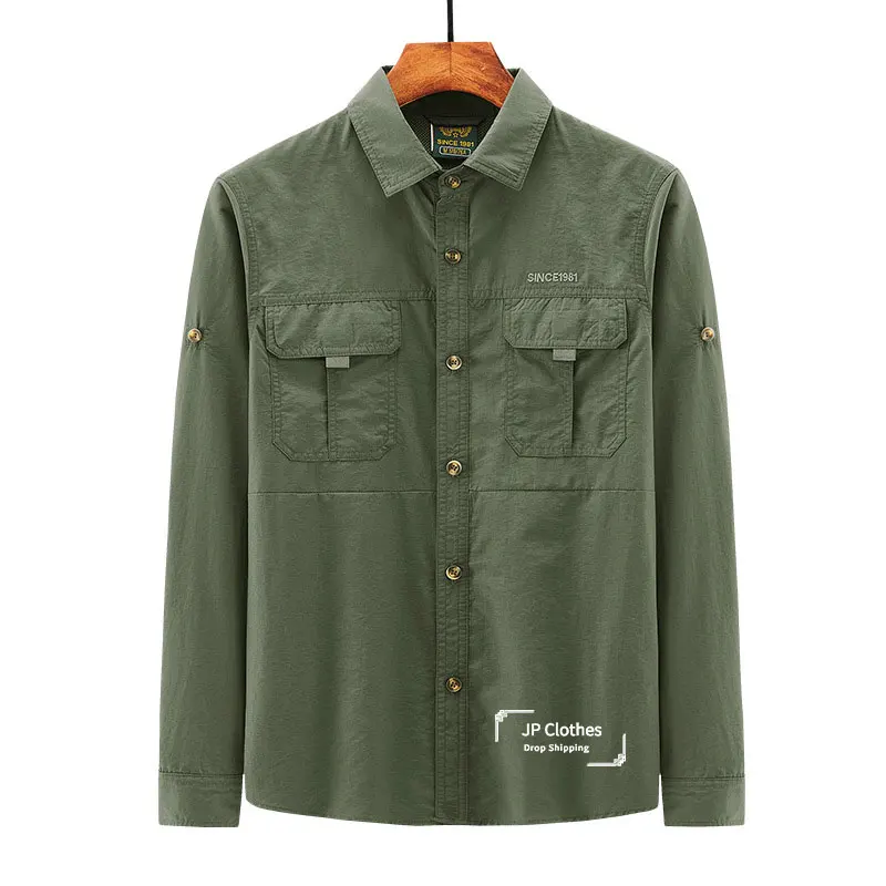 

Spring Summer Solid Color Shirt Men's Outdoor Workwear Quick Dry Long Sleeve Shirt Casual Loose Sports Shirt 3XL 4XL