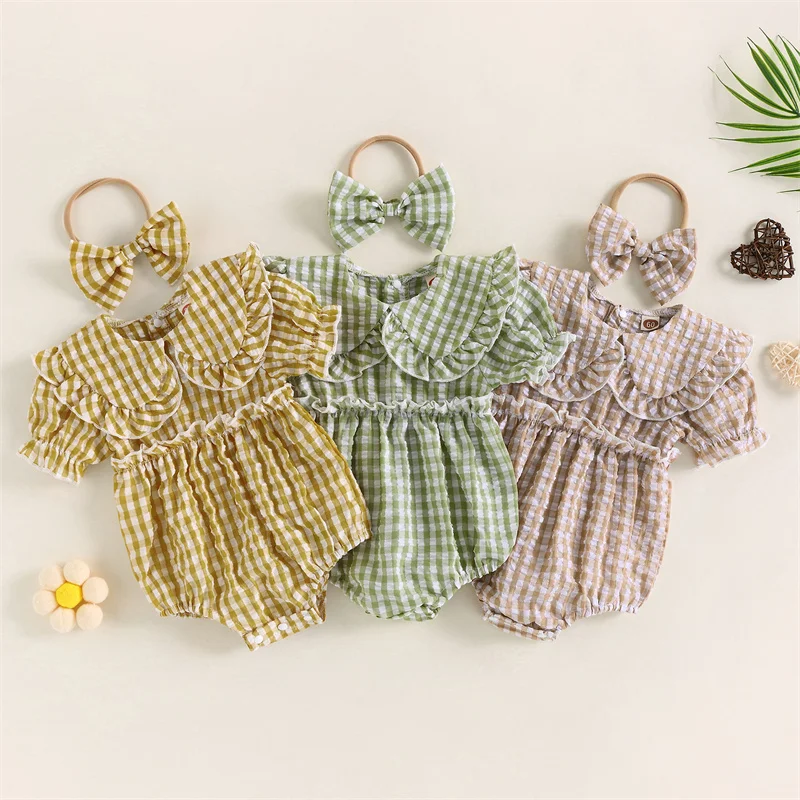 

Newborn Summer Cute Buttons Rompers Casual Daily Clothes Baby Girls Peter Pan Collar Short Sleeve Plaid Playsuit + Bow Headband