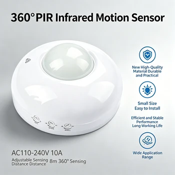 Rilevamento a infrarossi PIR AC110-240V 10A Sensore di movimento da 360 gradi Ritardo 5s-10min Fotoensibile regolabile