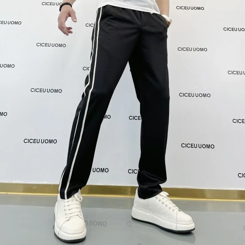 Fashionable Light Luxury Straight Leg Trousers Trendy Small Straight Leg All-match Men's Ribbon Thin Casual Male Classic Pants