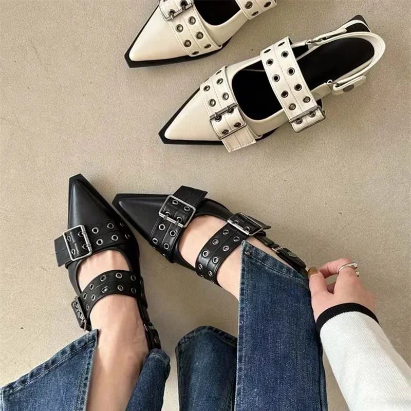 Strap shoes, Gothic thick heels, women's high heels, rivets, street style, medium heels, punk retro casual sandals 3